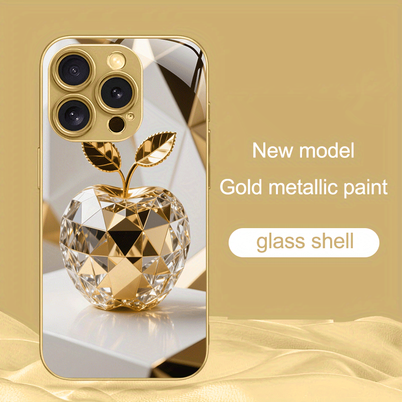 Coque en verre trempé en métal doré à motif pomme dorée, IPHONE - Topdecheztop.fr