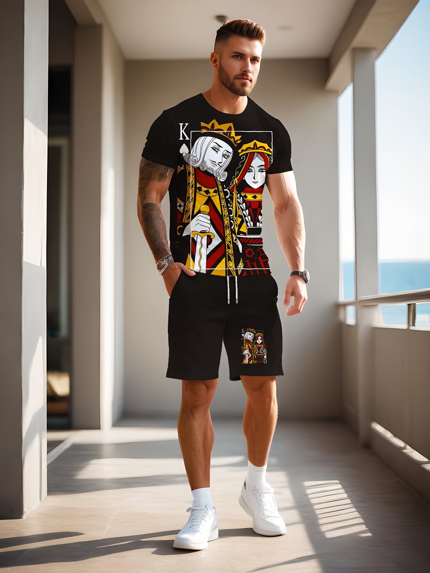 Ensemble t-shirt et short noir imprimé 3D Poker