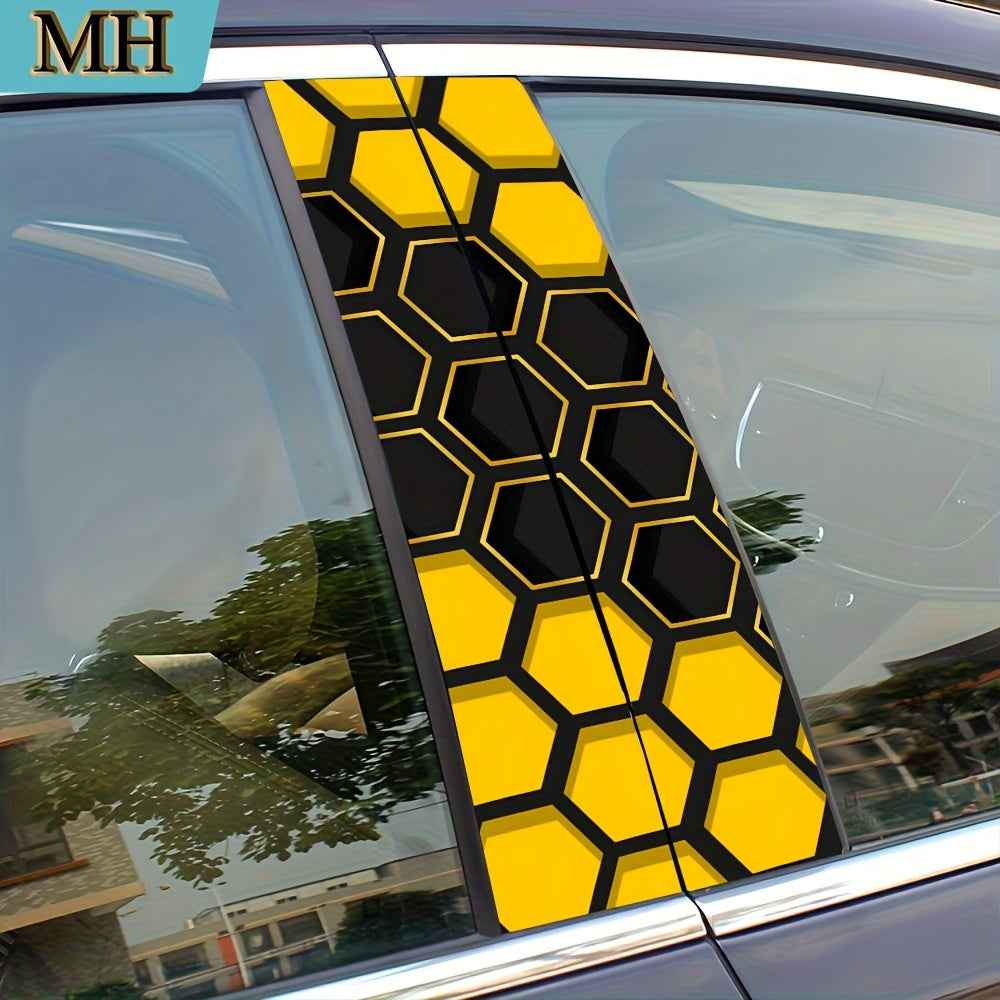 2pcs high quality car stickers, cool yellow honeycomb pattern door pillar stickers, self-adhesive waterproof vinyl semi-matte B-pillar protective film for B-pillar exterior accessories