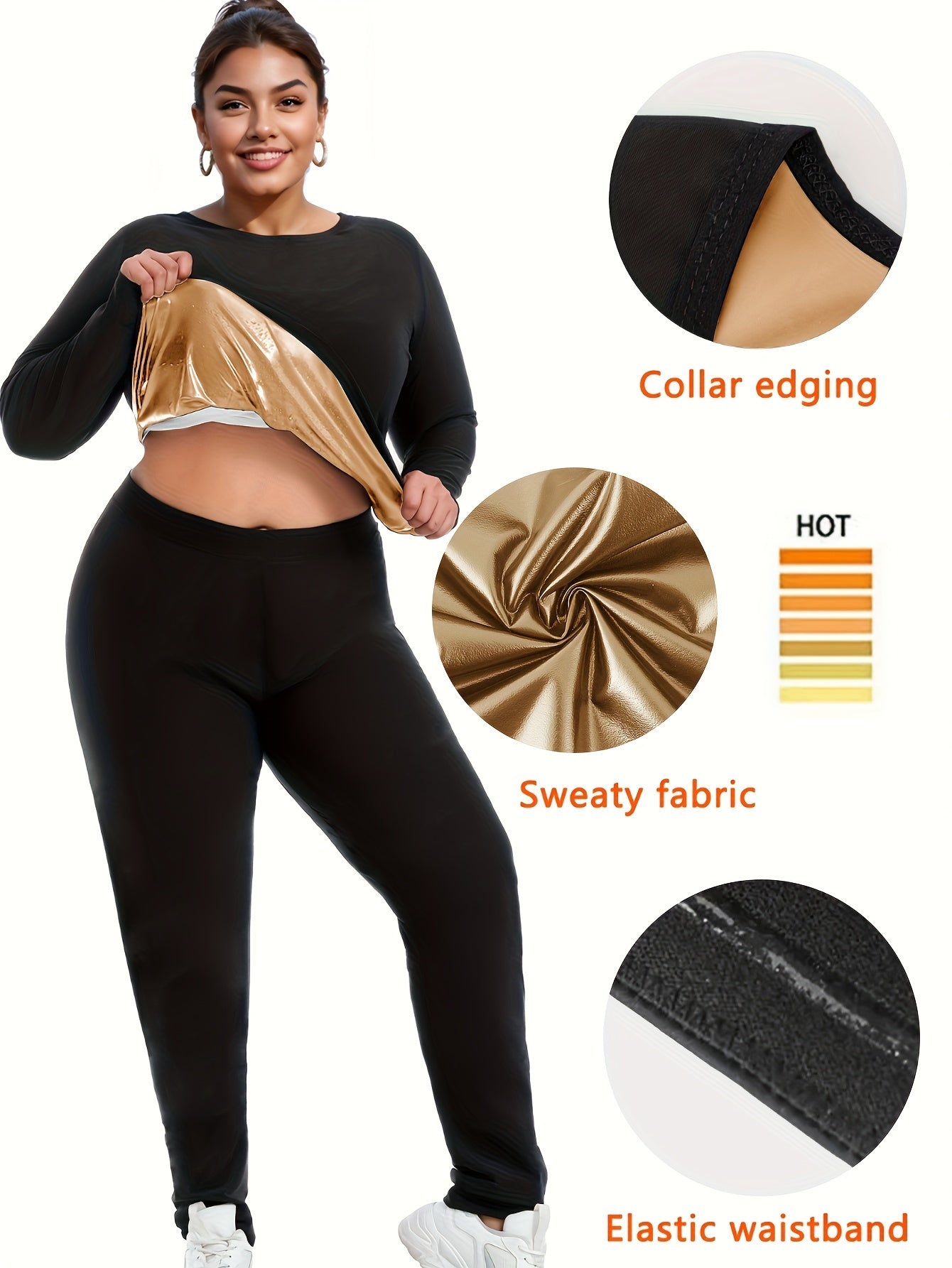 Set Of 2 Plus-size Women's Sportswear, Sauna Yoga Set, With Internal Sweat-absorbing Coating, Moisture-wicking, Yoga And Fitness Clothing, Plus-size Long-sleeved Top And Sauna Pants - Topdecheztop.fr