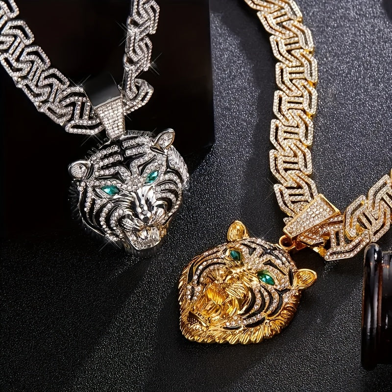 Pendentif tête de tigre aux yeux verts, 1 pièce, avec un collier cubain en strass