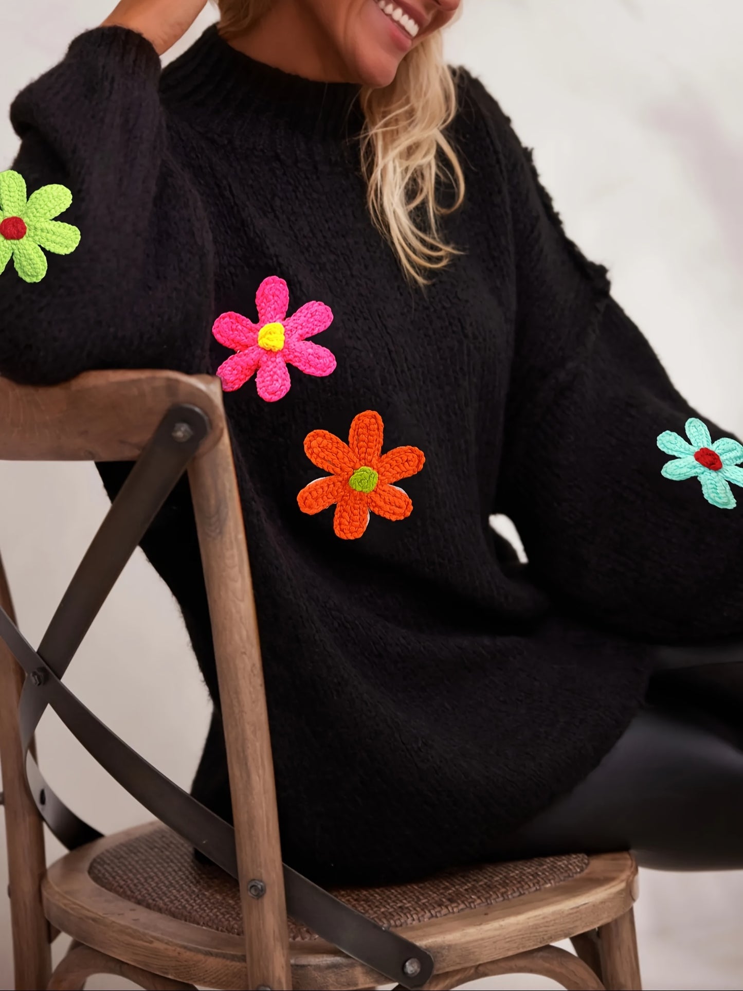 Pull en tricot à appliqués floraux grande taille