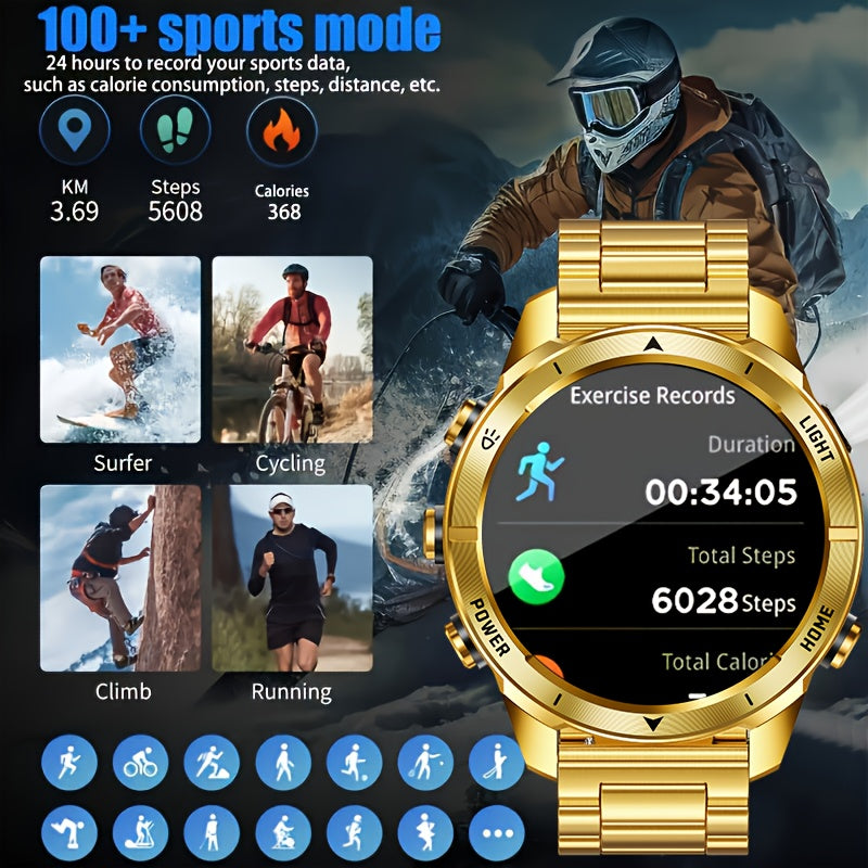 Montre connectée avec bracelet en acier doré, écran tactile haute définition