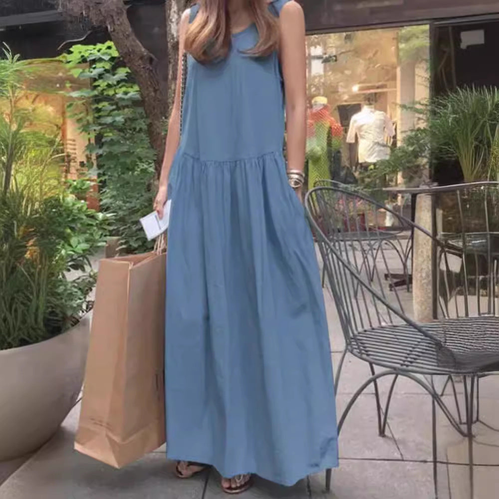 Robe longue ample à col rond et sans manches, grande taille, couleur unie
