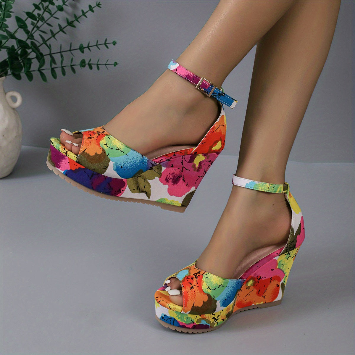 Sandales compensées , imprimé floral pour femmes - Topdecheztop.fr
