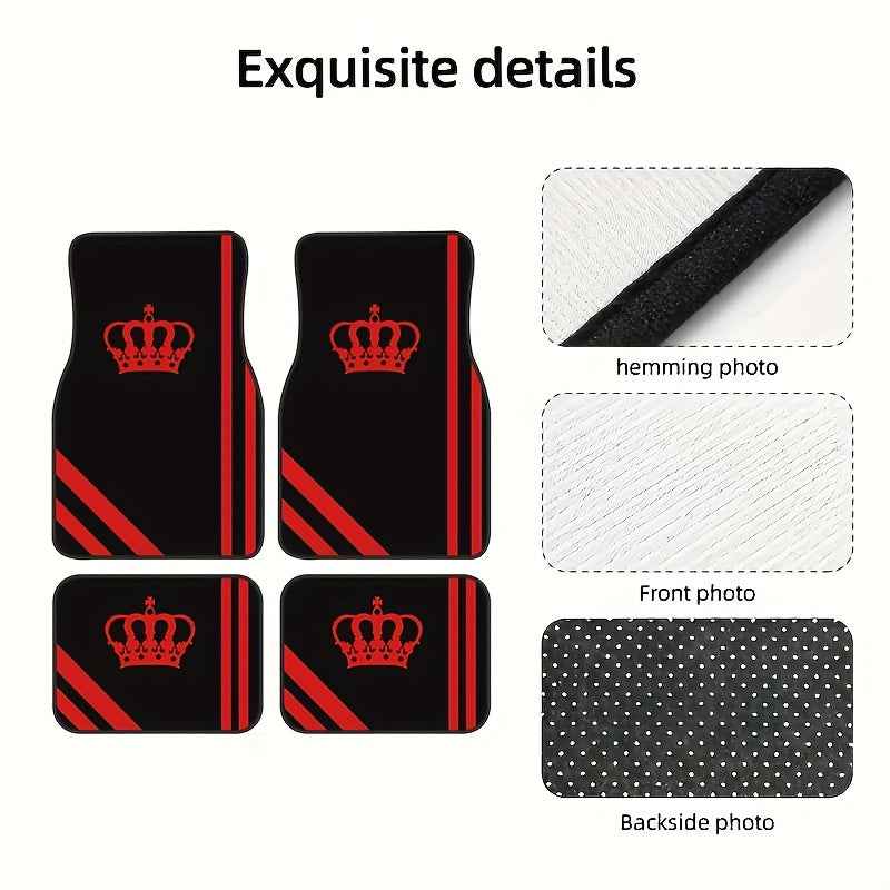 4pcs Crown Element Red and Black Simple Style Car Floor Mats - Front and Rear Seat Protectors, Easy to Clean, Suitable for All Models