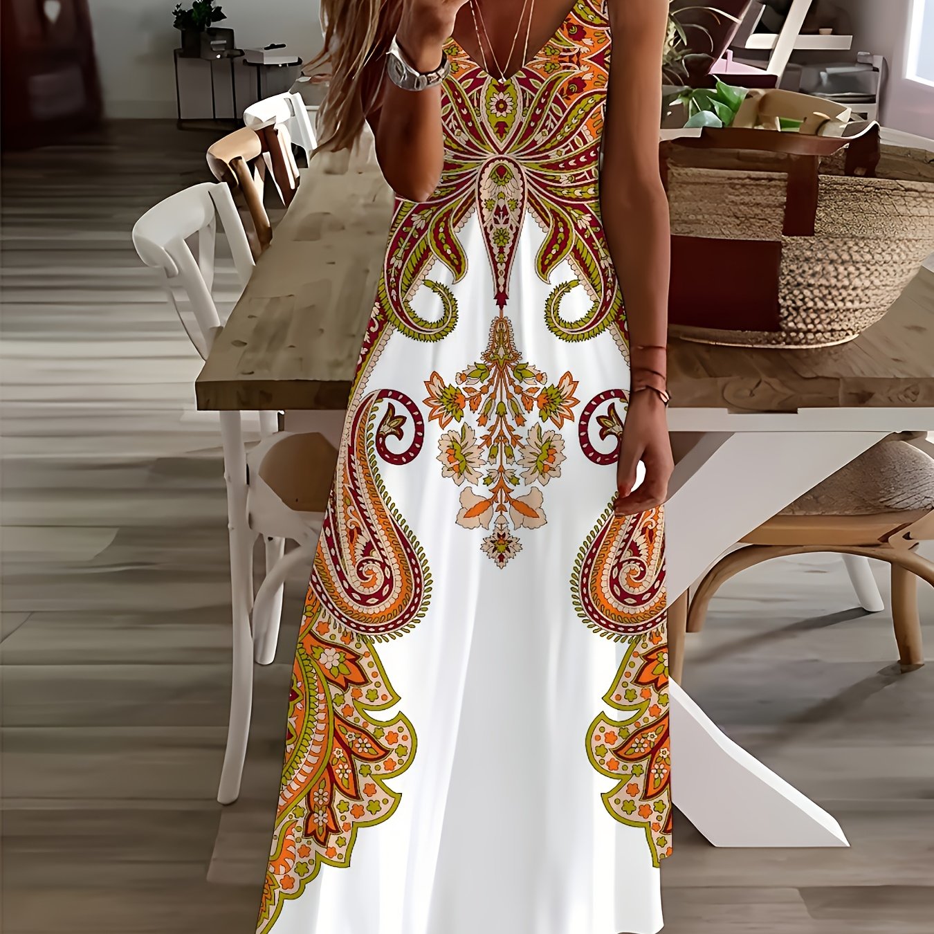 Robe camisole imprimé floral et col en V, robe décontractée sans manches