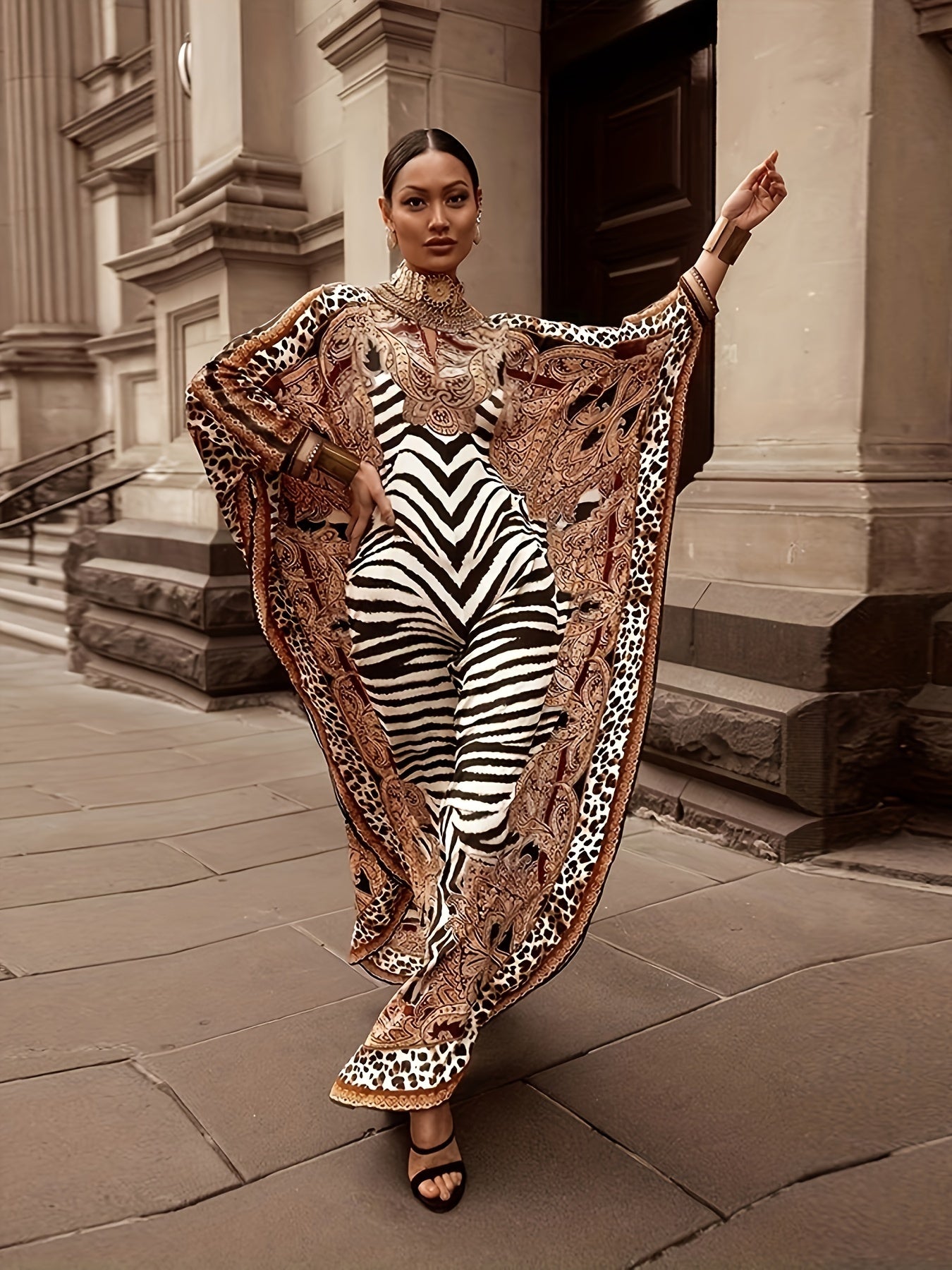 Plus Size Zebra Print Loose Dress, Casual Batwing Sleeve Dress For Spring & Fall, Women's Plus Size Clothing - Topdecheztop.fr