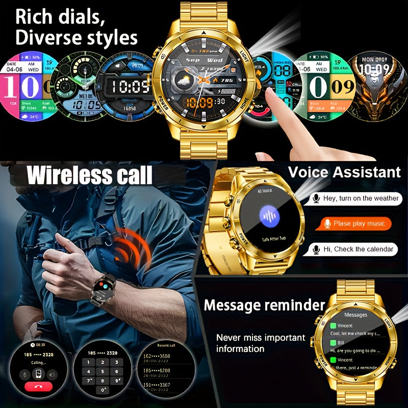 Montre connectée avec bracelet en acier doré, écran tactile haute définition