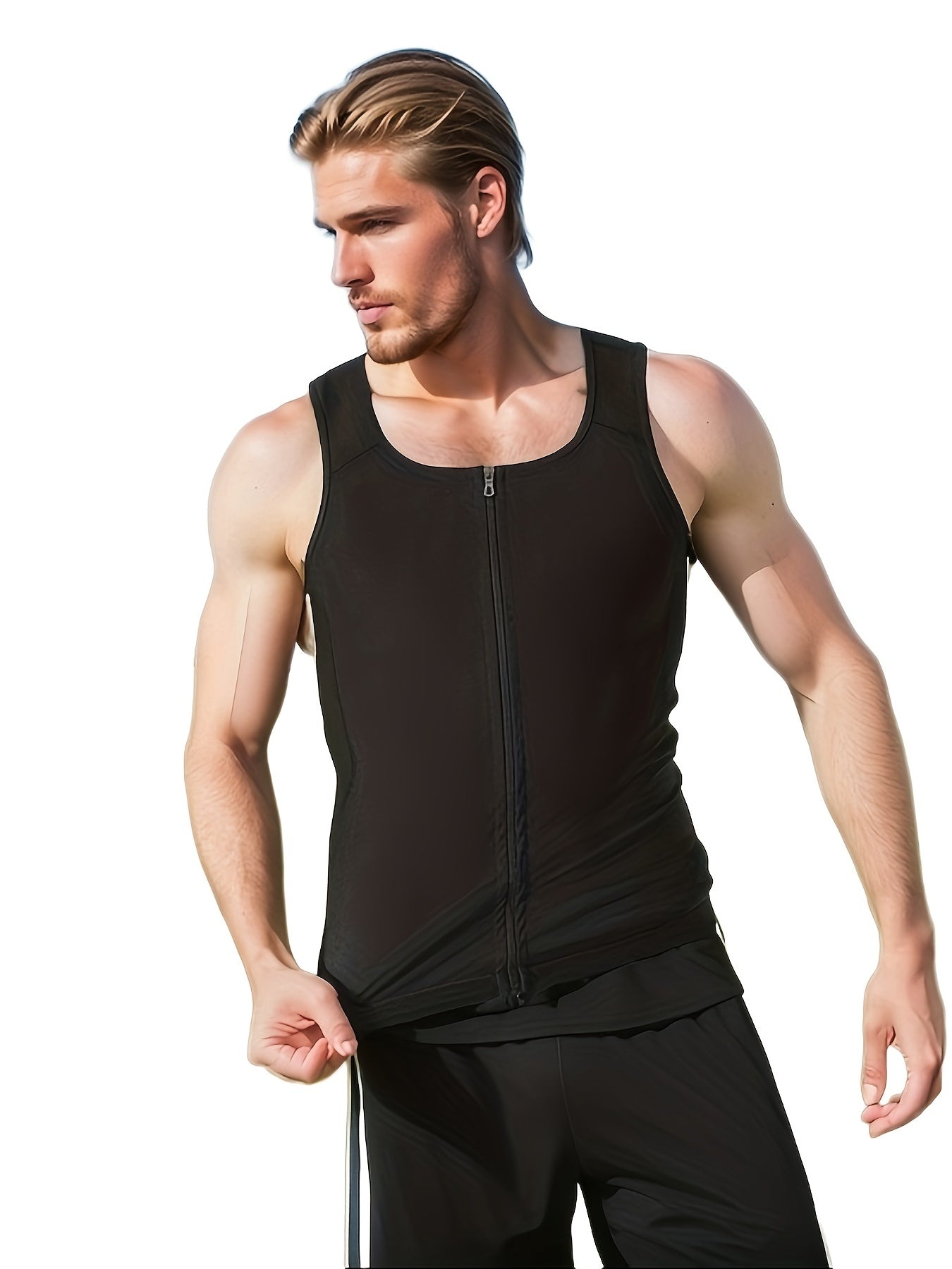 Fitness Boost, Men's Sauna Suit Vest with Zipper - Sleeveless, Slimming Body Shaper for Waist Training and Fitness, Breathable Polyester-Spandex Blend, Ideal for Sports & Outdoor Activities, Yoga Vest|Zipper Front Closure|Dur - Topdecheztop.fr