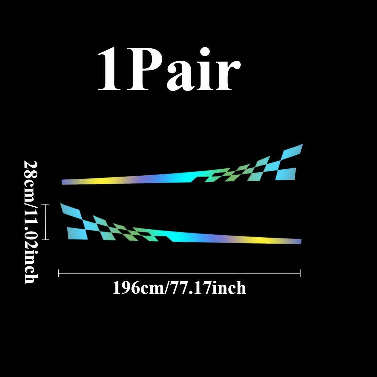 Pair of 196.09cm 'Racing Car Holographic Side Stripe Decals - Waterproof, Self-Adhesive Vinyl Stickers with Checkered Patterns for Vehicle Doors and Windows, Car