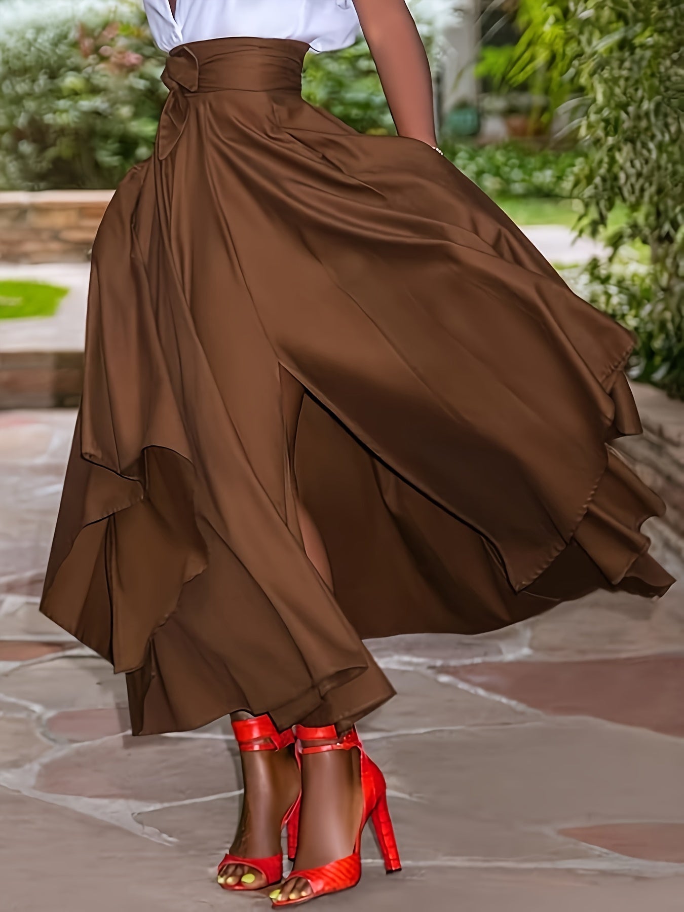 Plus Size Elegant Solid Color Maxi Skirt with Asymmetrical Hem and Belt - Casual Long Skirt with Pockets, Non-Stretch Polyester, Machine Washable - Navy Blue, Perfect for Spring/Summer/Fall, Plus Size Skirts - Topdecheztop.fr
