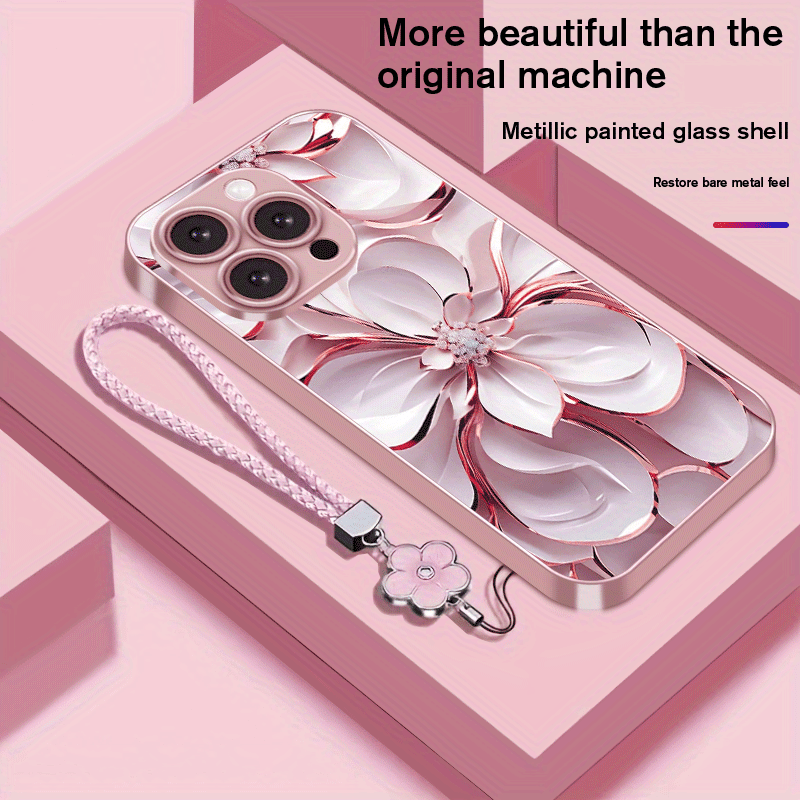 Coque de téléphone en verre plaqué avec motif floral et lanière,IPHONE - Topdecheztop.fr