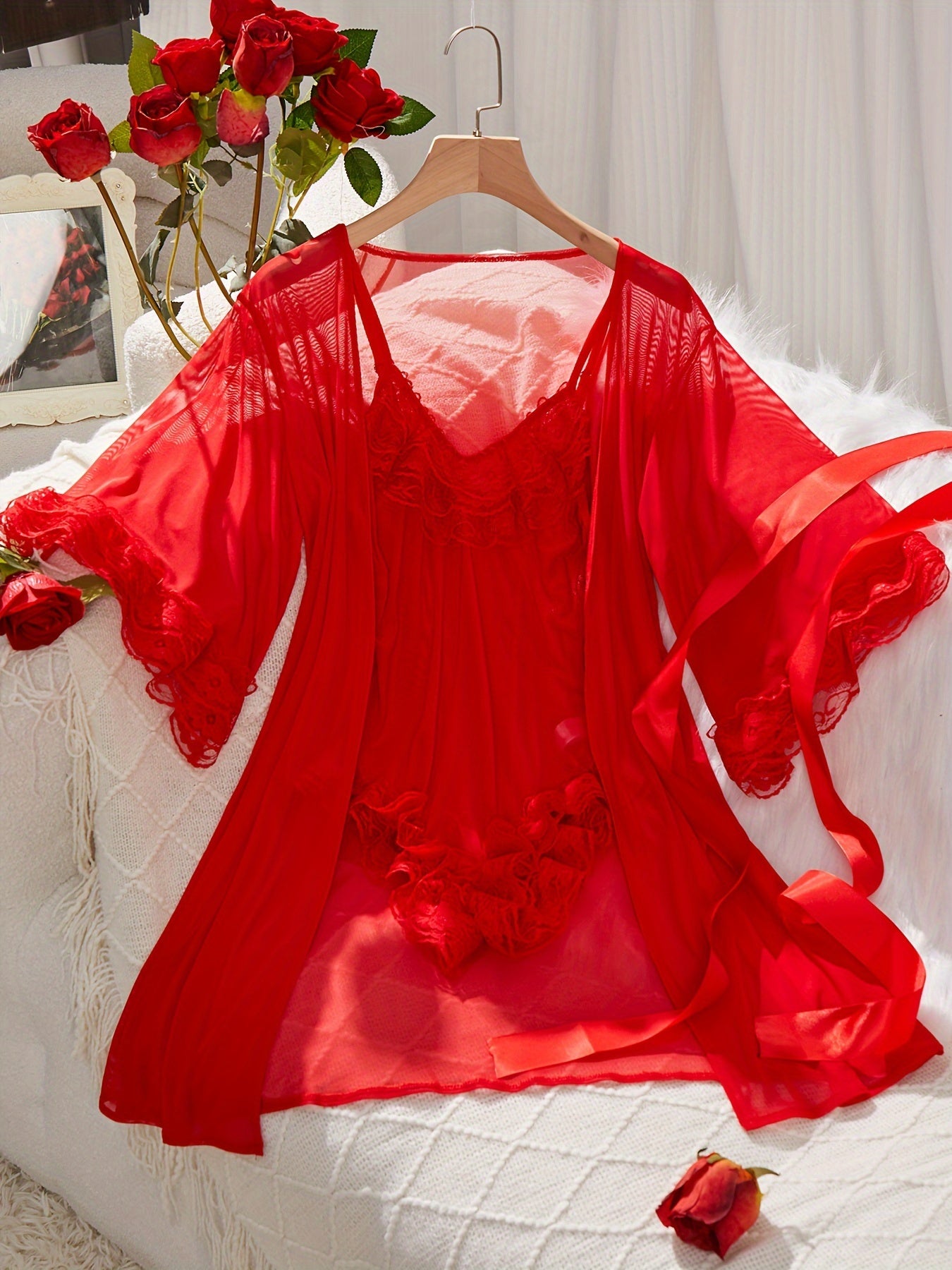 Ensemble de lingerie en dentelle contrastée unie, body et peignoir à col en V - Topdecheztop.fr