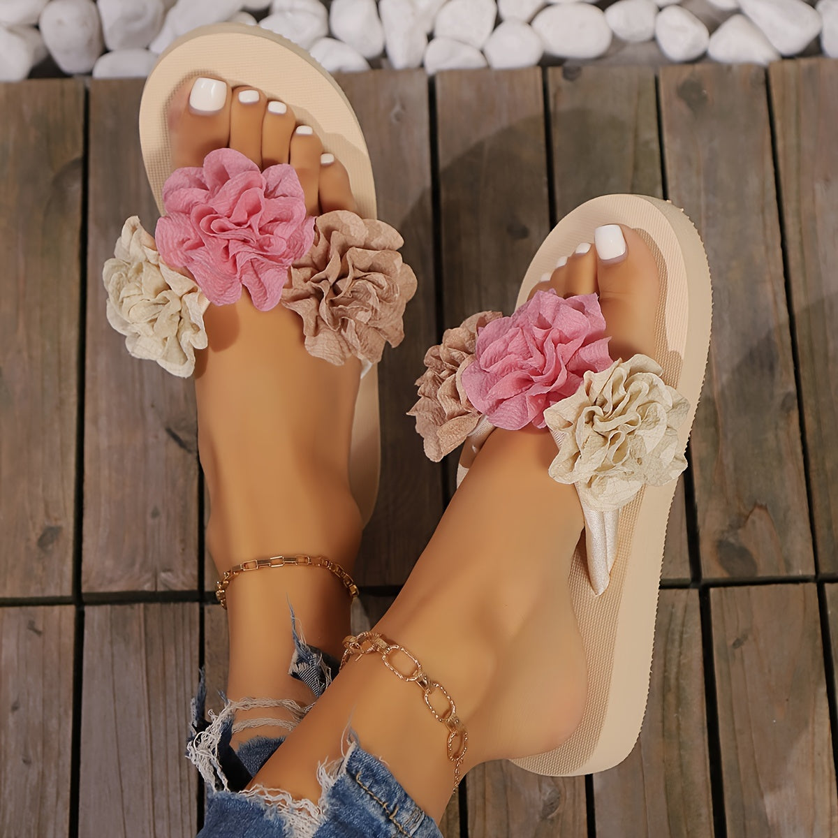 Women's Elegant Floral Flip Flops, Lightweight Flat Slip Onn Holiday Slides, Summer Beach Slides - Topdecheztop.fr