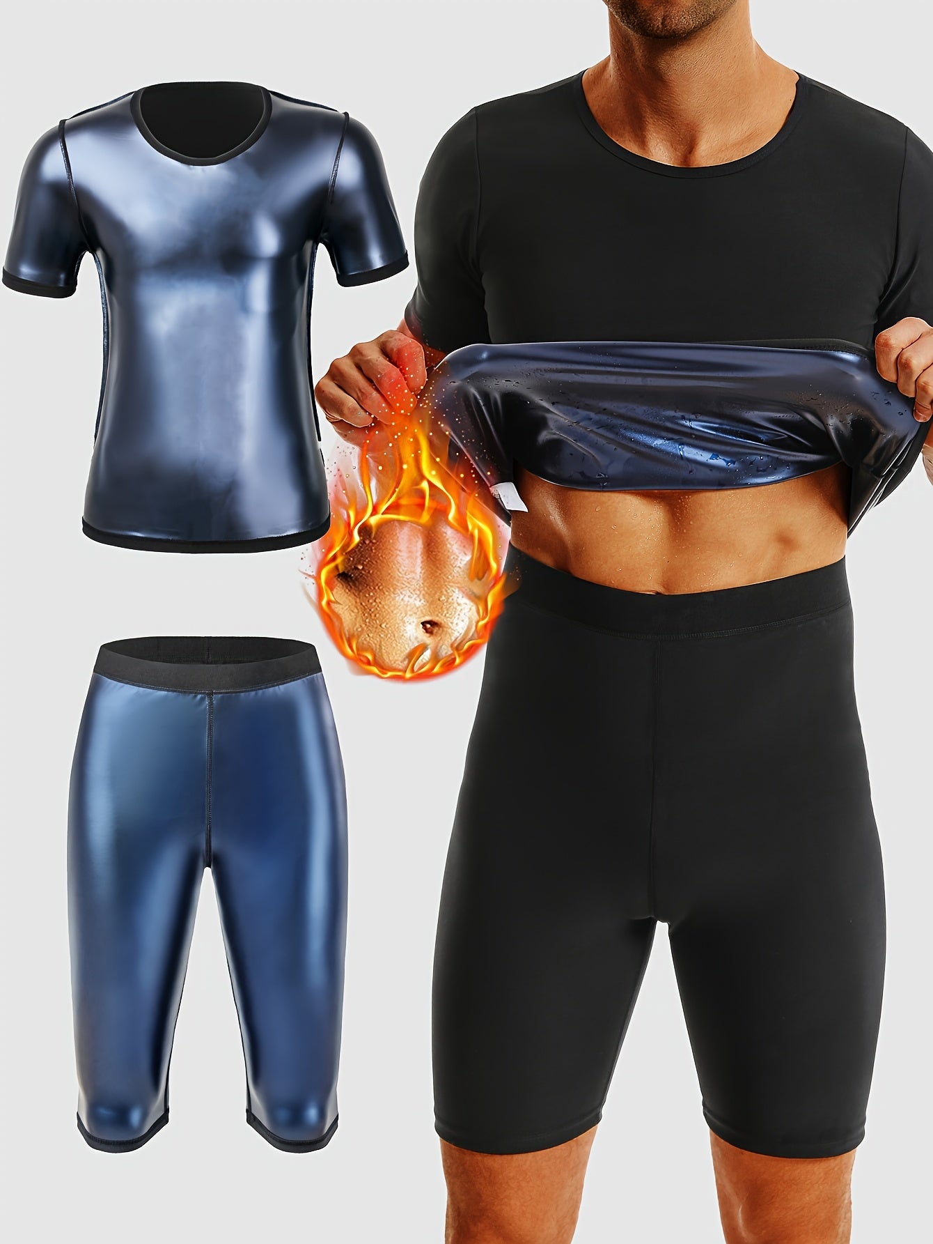 Men's Sauna Compression Sports Outfit - Sweat-Enhancing Short Sleeve Top & High Waist Shorts Set - Gym Fitness Body Shaper For Men - Topdecheztop.fr