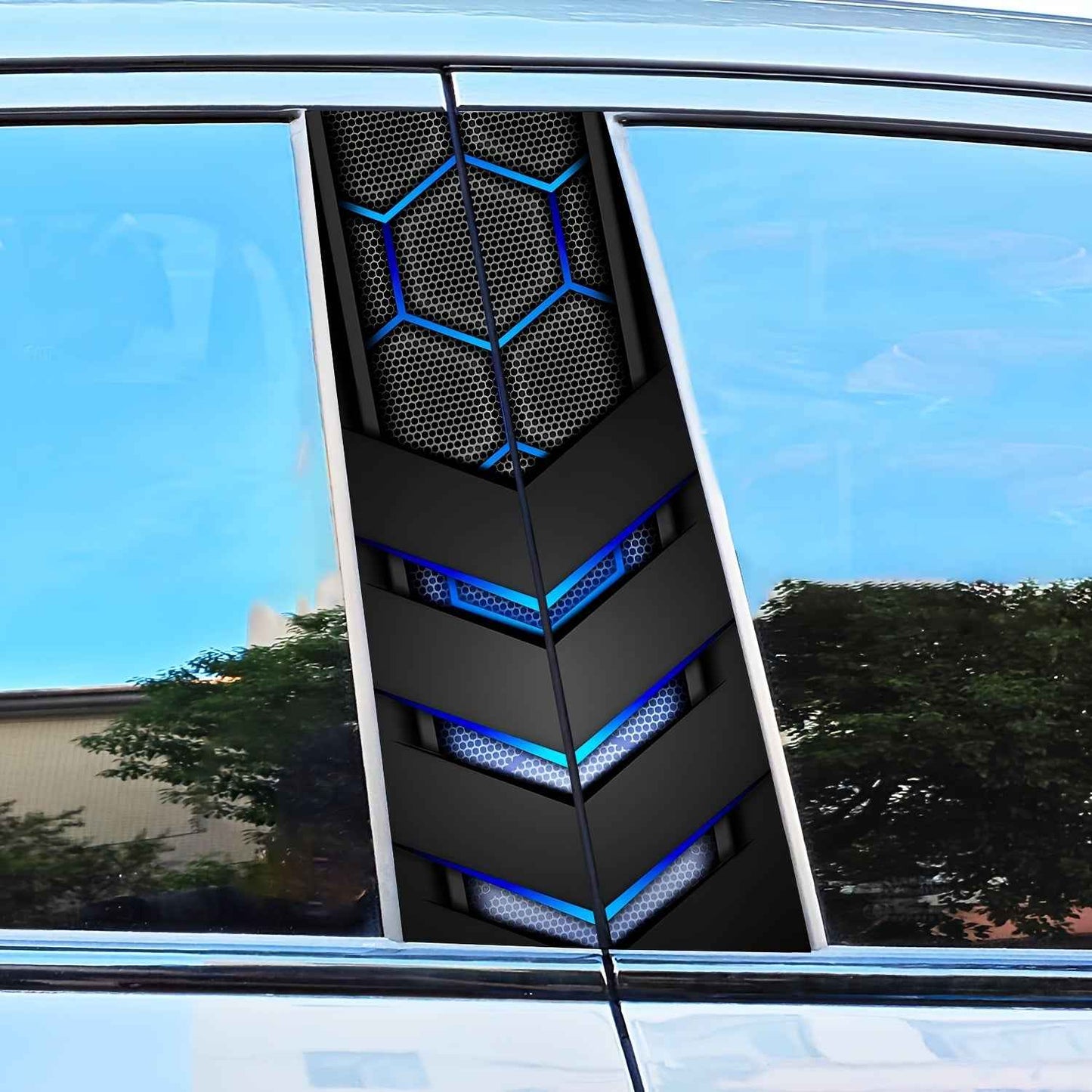 2pcs AHPAINTING Sporty Car B-Pillar Stickers - Hexagon Blue Accent Vinyl Decals, Scratch-Resistant Waterproof Self-Adhesive, Residue-Free Easy Install for Plastic/Metal/Glass/ Surfaces, Single-Use Exterior Accessories, Car De