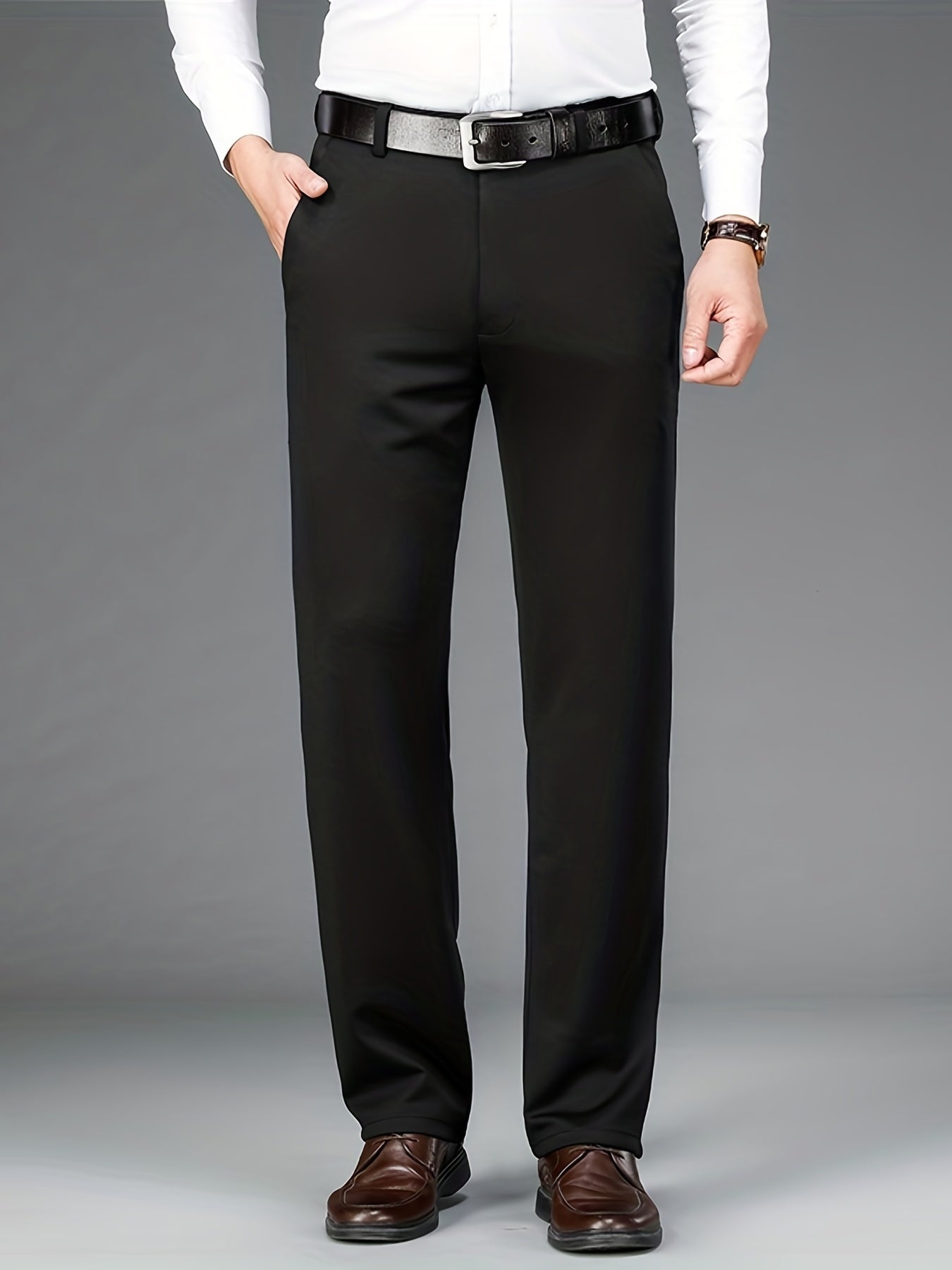 Pantalon habillé classique, couleur unie, légèrement extensible, pour homme