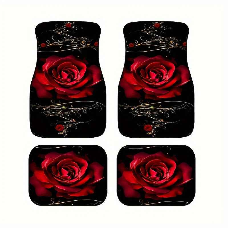 Red Rose Art Pattern Car Premium Floor Mats Set, Universal Front and Rear Row Footmats for Cars, All-Weather Non-Slip Mats, Odorless Absorbent Durable Easy to Install