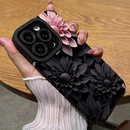 Coque de téléphone à motif floral 3D rose et noir pour les modèles d'iPhone