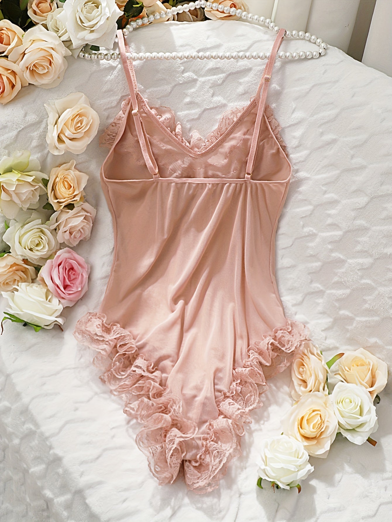 Ensemble de lingerie en dentelle contrastée unie, body et peignoir à col en V - Topdecheztop.fr