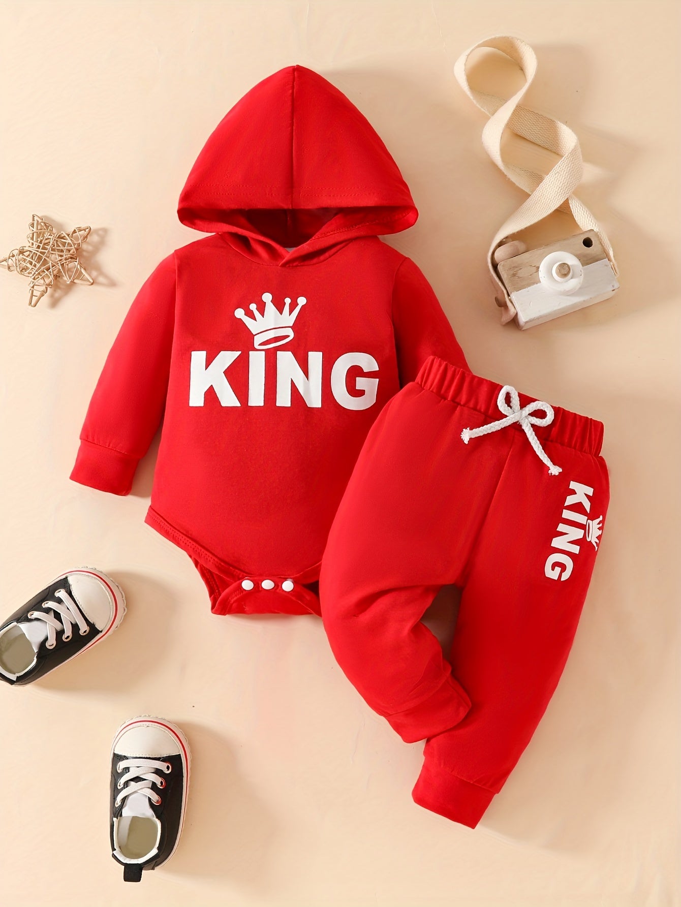 2pcs Baby's KING Crown Print Hooded Bodysuit & Casual Pants, Toddler & Infant Boy's Clothing Set For Fall - Topdecheztop.fr