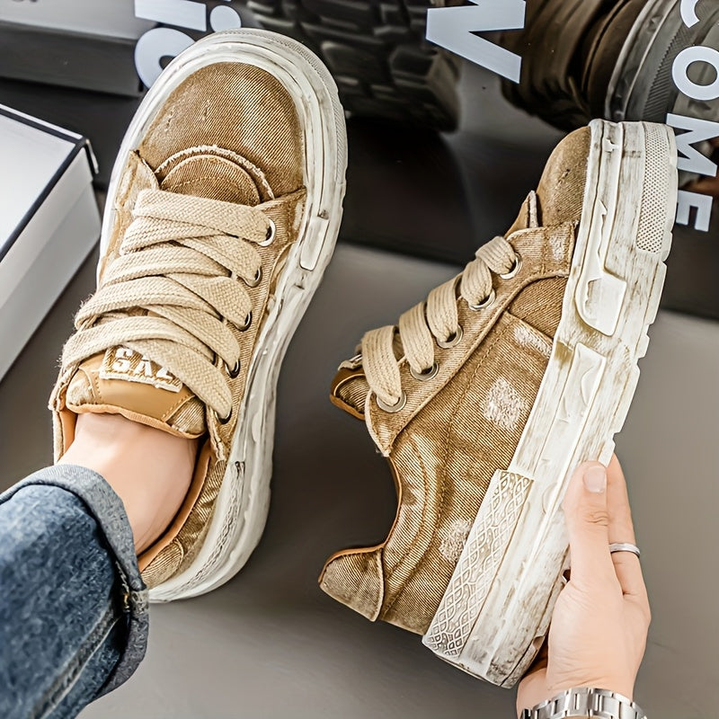 Chaussures décontractées en denim délavé rétro à semelles épaisses