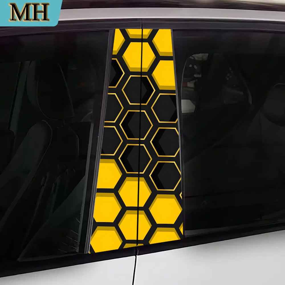 2pcs high quality car stickers, cool yellow honeycomb pattern door pillar stickers, self-adhesive waterproof vinyl semi-matte B-pillar protective film for B-pillar exterior accessories
