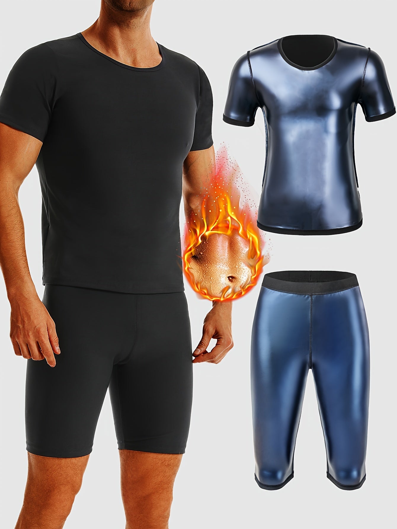 Men's Sauna Compression Sports Outfit - Sweat-Enhancing Short Sleeve Top & High Waist Shorts Set - Gym Fitness Body Shaper For Men - Topdecheztop.fr