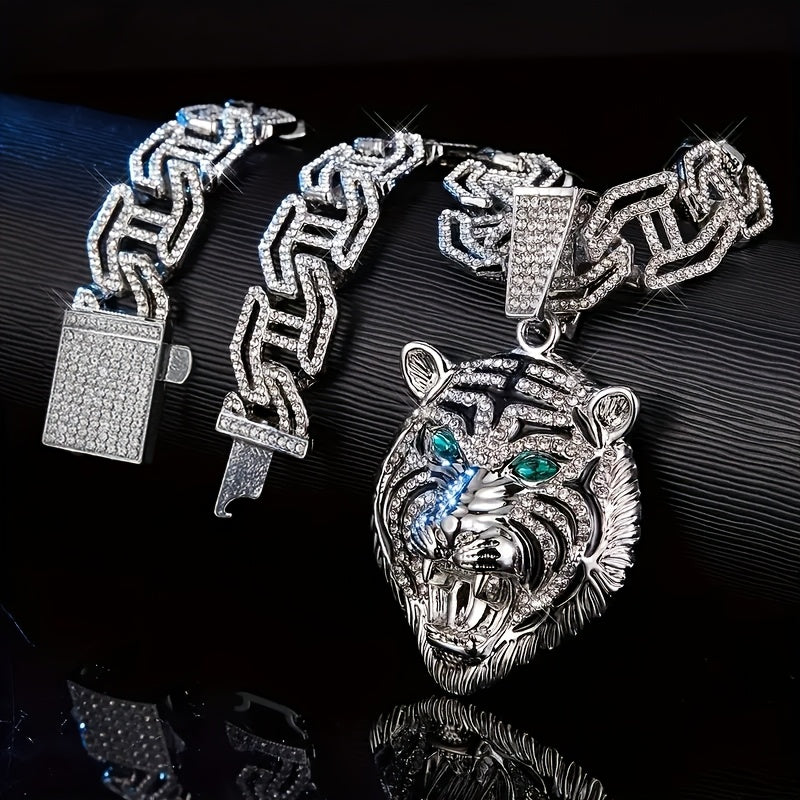 Pendentif tête de tigre aux yeux verts, 1 pièce, avec un collier cubain en strass