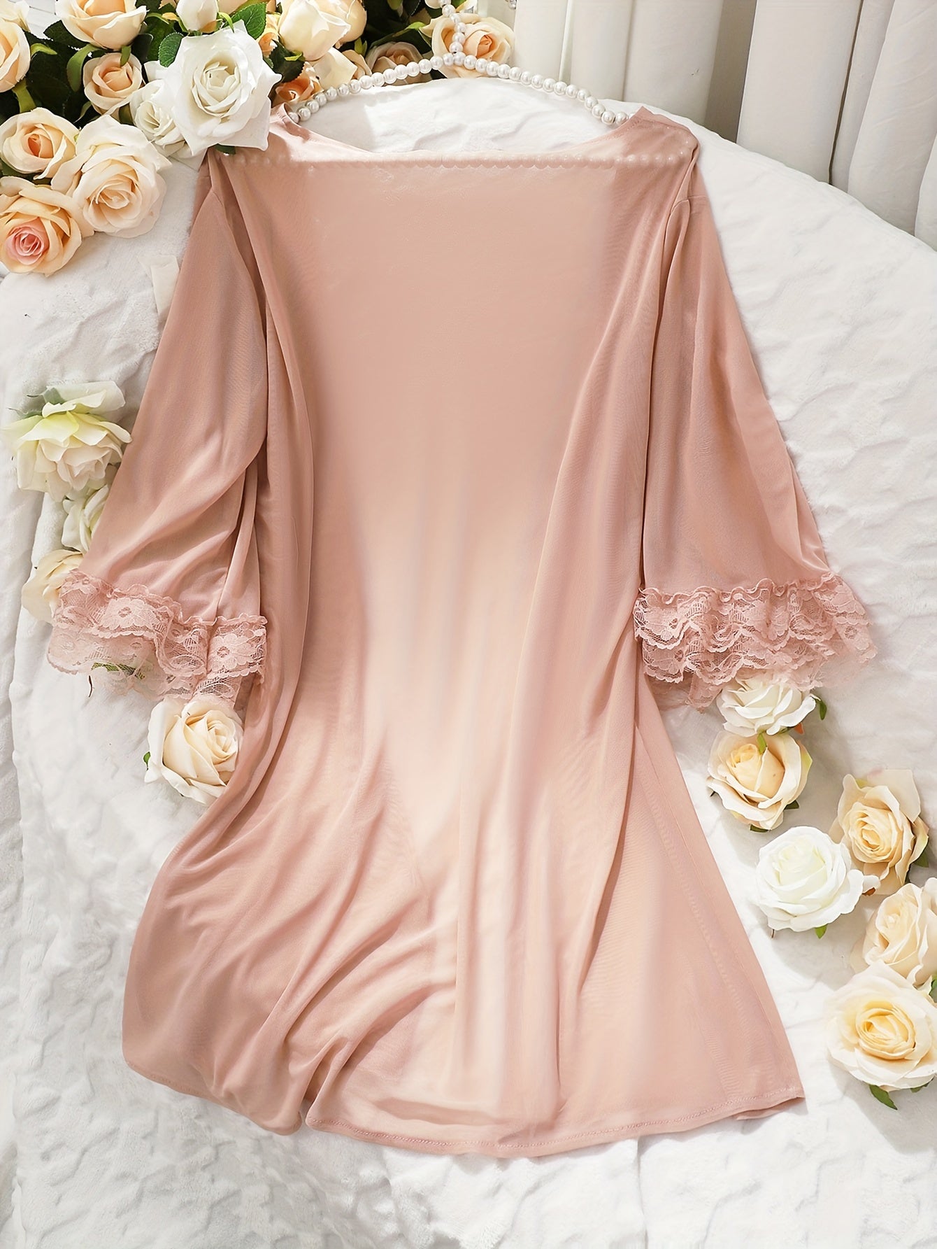 Ensemble de lingerie en dentelle contrastée unie, body et peignoir à col en V - Topdecheztop.fr