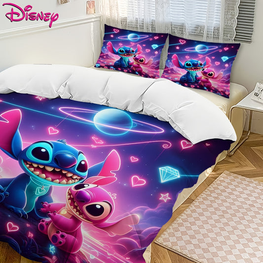 Stitch 3pcs Bedding Set, Cartoon Character Design, Soft Polyester 100, All-Season, Zipper Closure, Machine Washable, Digital Print, 90gsm - Includes Duvet Cover & 2 Pillowcases, Anime Theme Bedroom Decor, Valentine'S Day Gift - Topdecheztop.fr