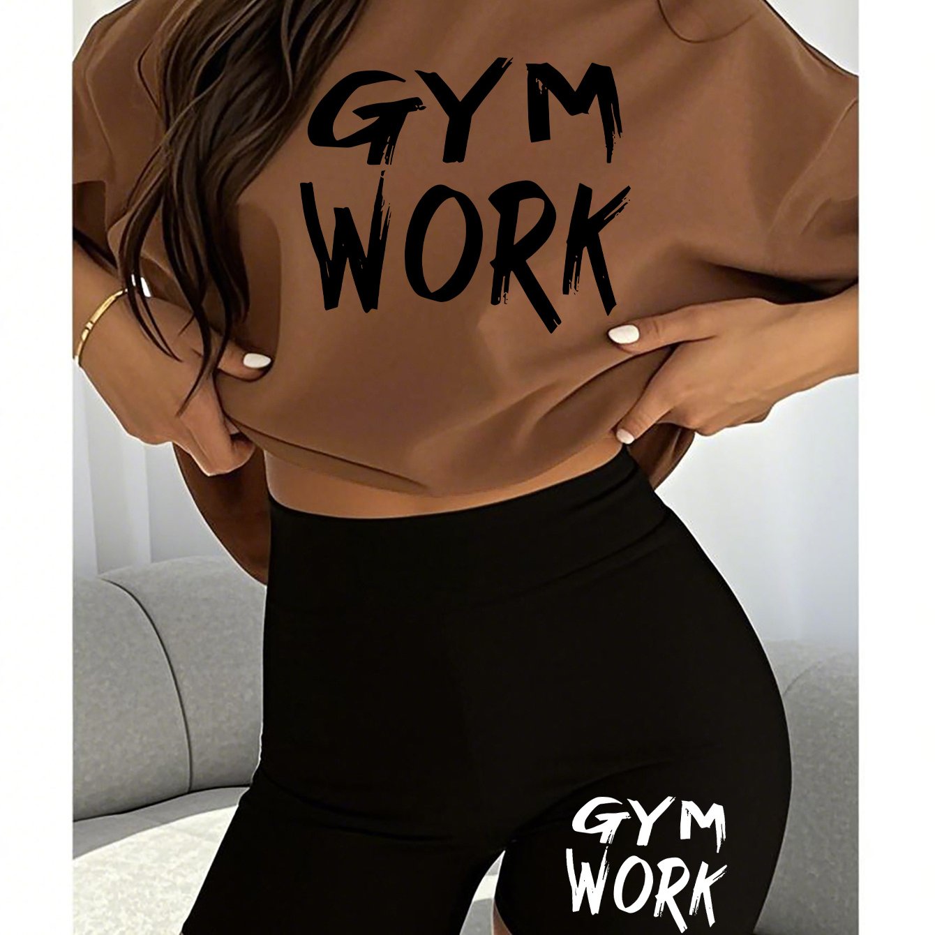 2pcs Women'S Gym Workout Set with Bold "GYM WORK" Letter Print T-Shirt and Black Shorts, Casual Athletic Outfit for Running and Fitness, Comfortable Fabric, Ladies' - Topdecheztop.fr