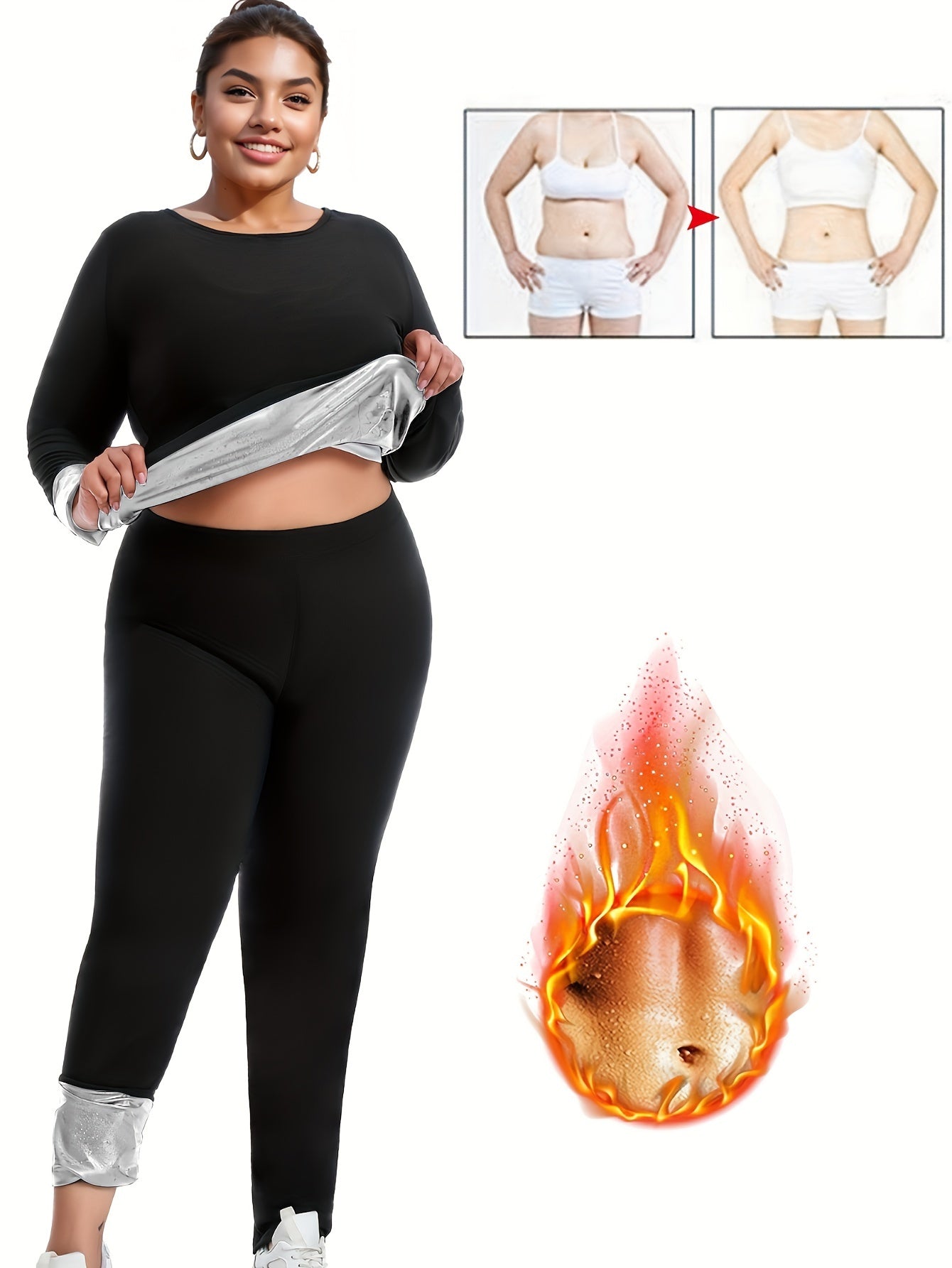 Set Of 2 Plus-size Women's Sportswear, Sauna Yoga Set, With Internal Sweat-absorbing Coating, Moisture-wicking, Yoga And Fitness Clothing, Plus-size Long-sleeved Top And Sauna Pants - Topdecheztop.fr