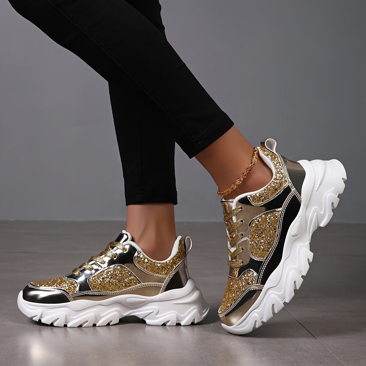 Women's Glittery Golden Dad Sneakers - Fashionable Lace-Up Platform Shoes with Reflective Thick Sole for Height Boost, Versatile All-Season Footwear - Topdecheztop.fr