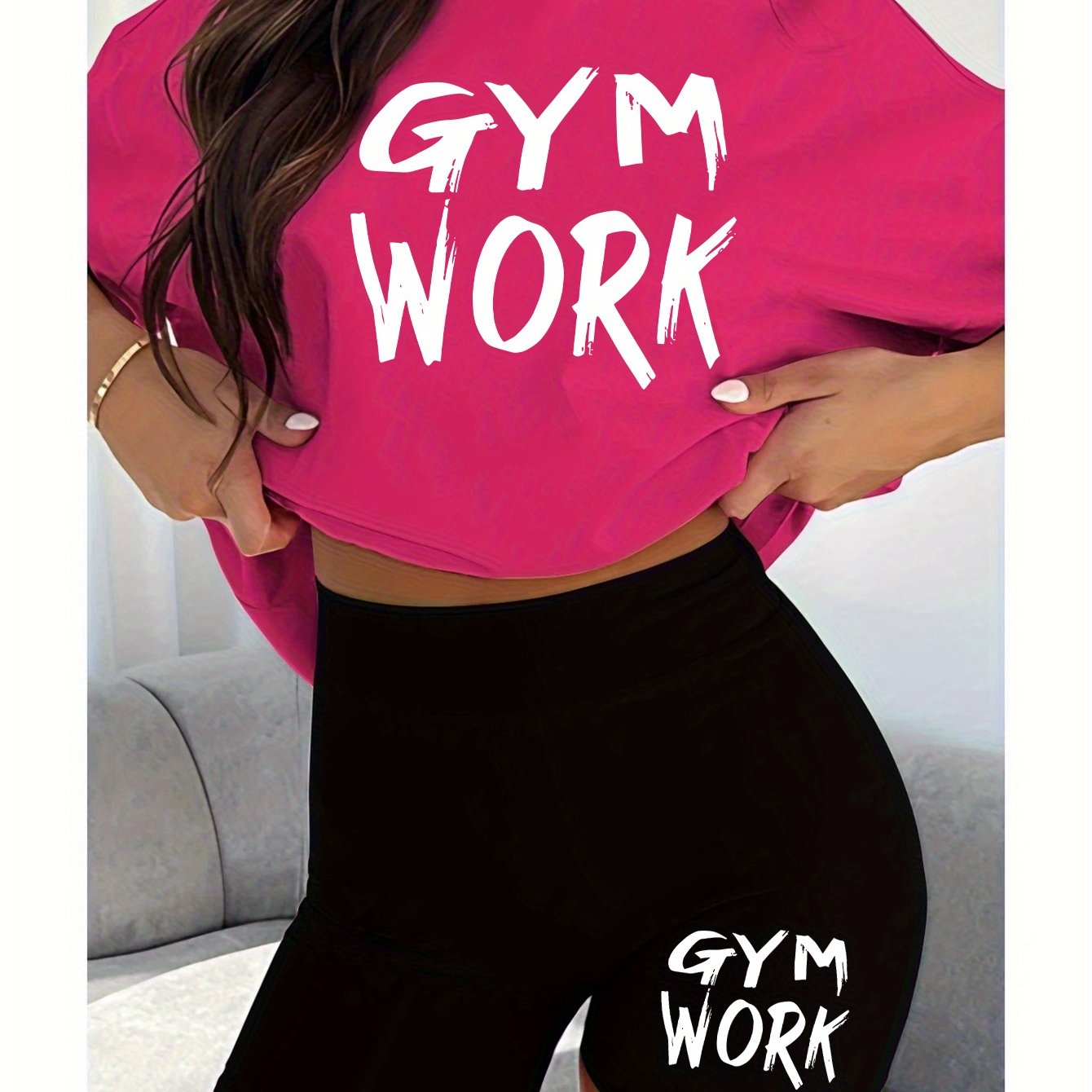 2pcs Women'S Gym Workout Set with Bold "GYM WORK" Letter Print T-Shirt and Black Shorts, Casual Athletic Outfit for Running and Fitness, Comfortable Fabric, Ladies' - Topdecheztop.fr