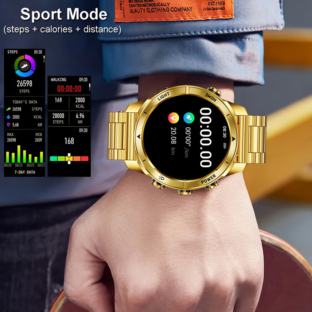Montre connectée avec bracelet en acier doré, écran tactile haute définition