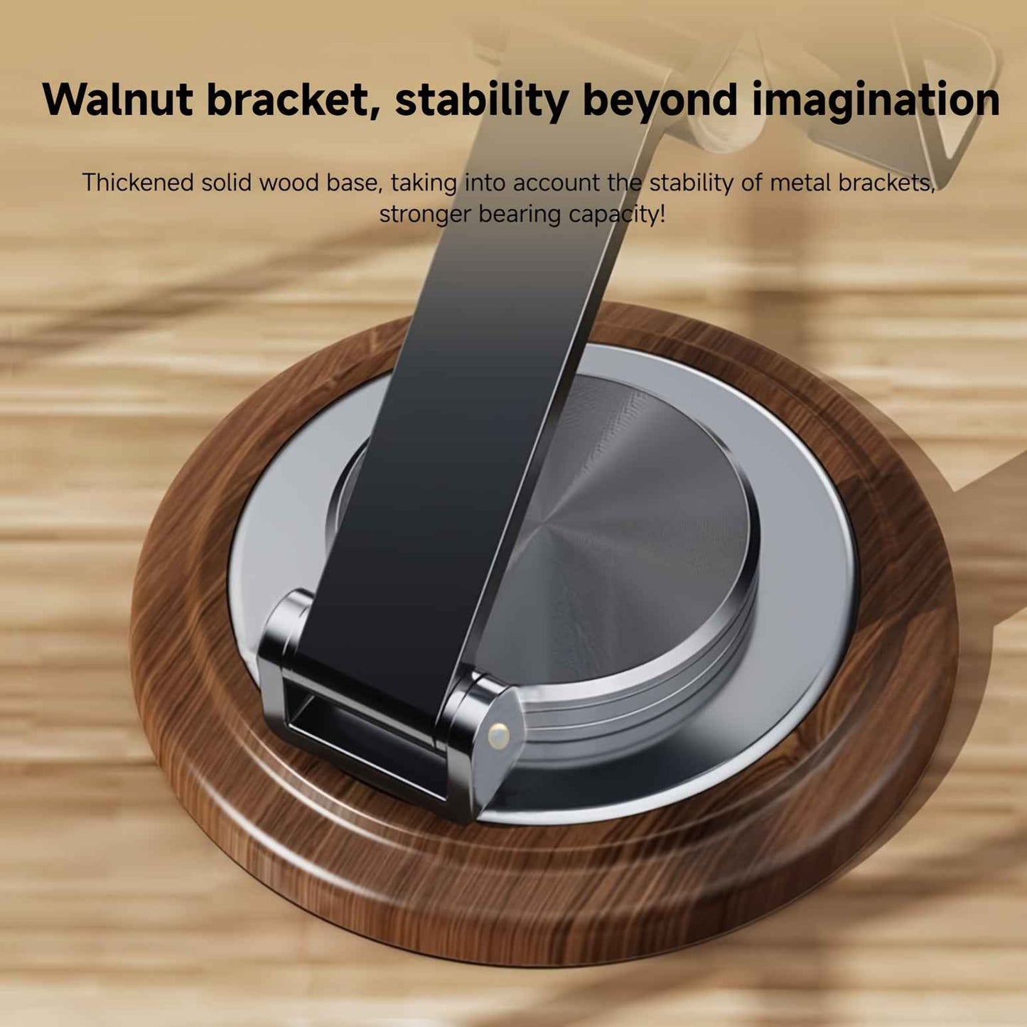 Walnut Wood Grain Folding Mobile Phone Holder, Adjustable Folding Desktop Mobile Phone Holder, All Metal 360-Degree Rotating Holder, Suitable for Mobile Phone Desktop Holder, Suitable for Home, Office And Travel Use-Ideal Gif
