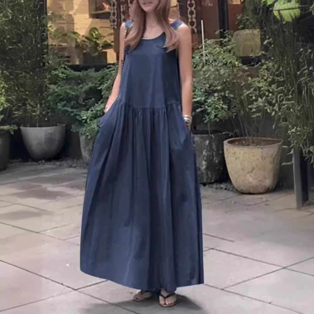 Robe longue ample à col rond et sans manches, grande taille, couleur unie