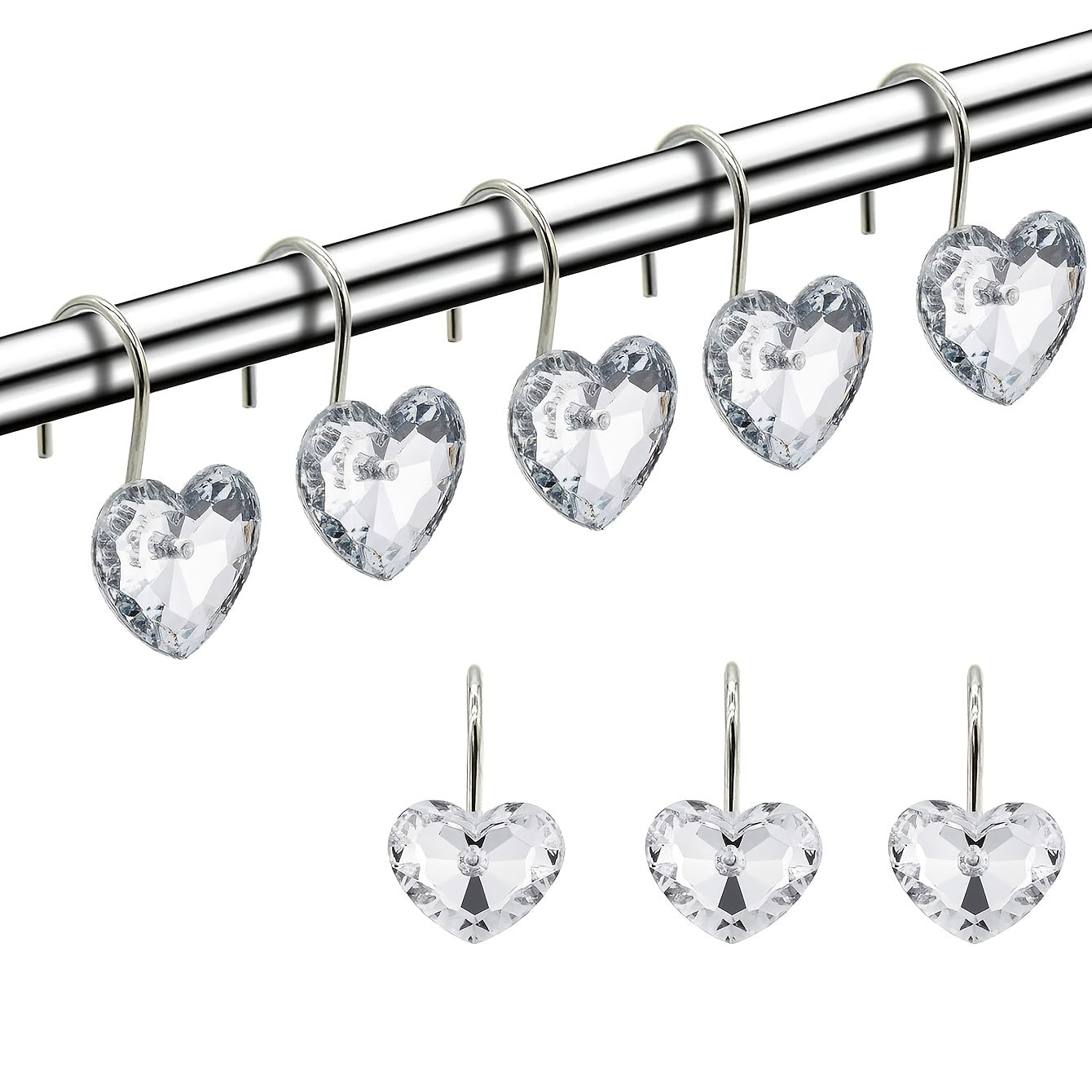 Lot de 12 crochets de rideau de douche en forme de cœur en cristal