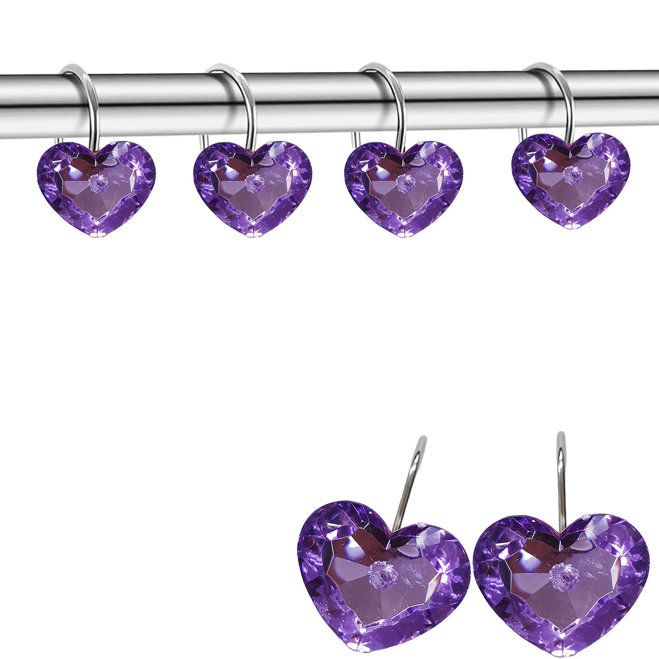 Lot de 12 crochets de rideau de douche en forme de cœur en cristal