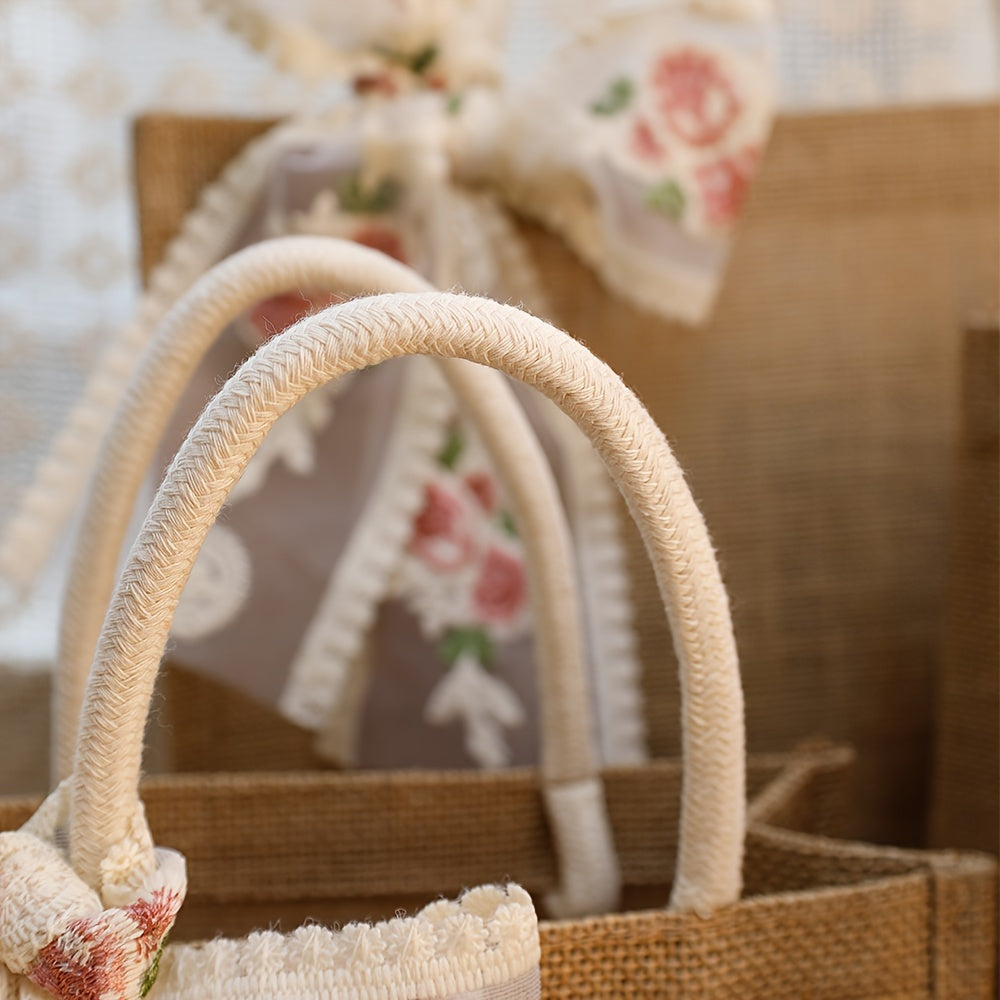 Lot de 2 sacs fourre-tout en toile de jute avec ruban en dentelle