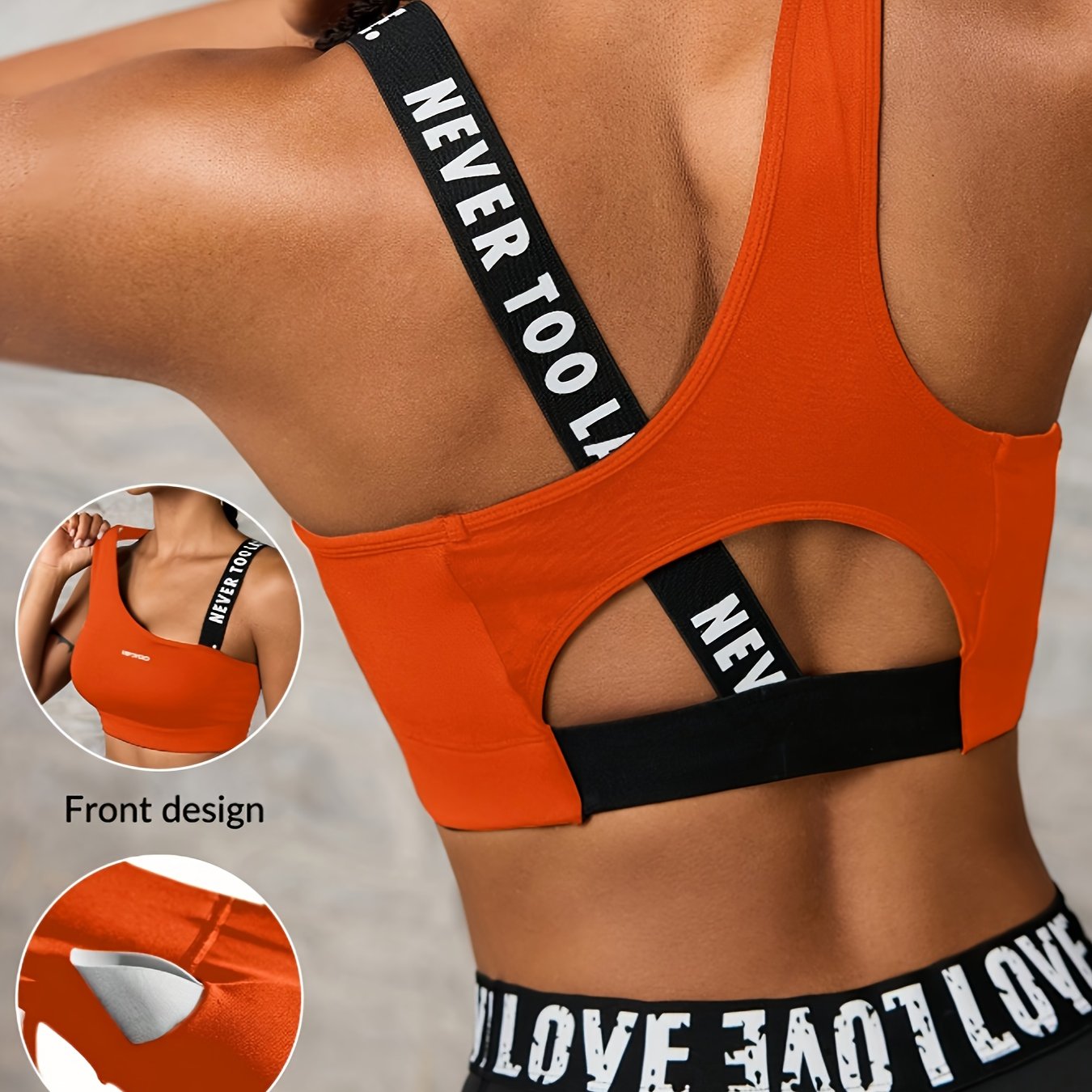 Women'S "NEVER TOO LATE" Graphic Asymmetrical Sports Bra - High Stretch, Hollow Back Design, Strapless Option, Perfect for Outdoor Activities, Workout Bra|Asymmetrical Neckline|Strapless Suppor - Topdecheztop.fr