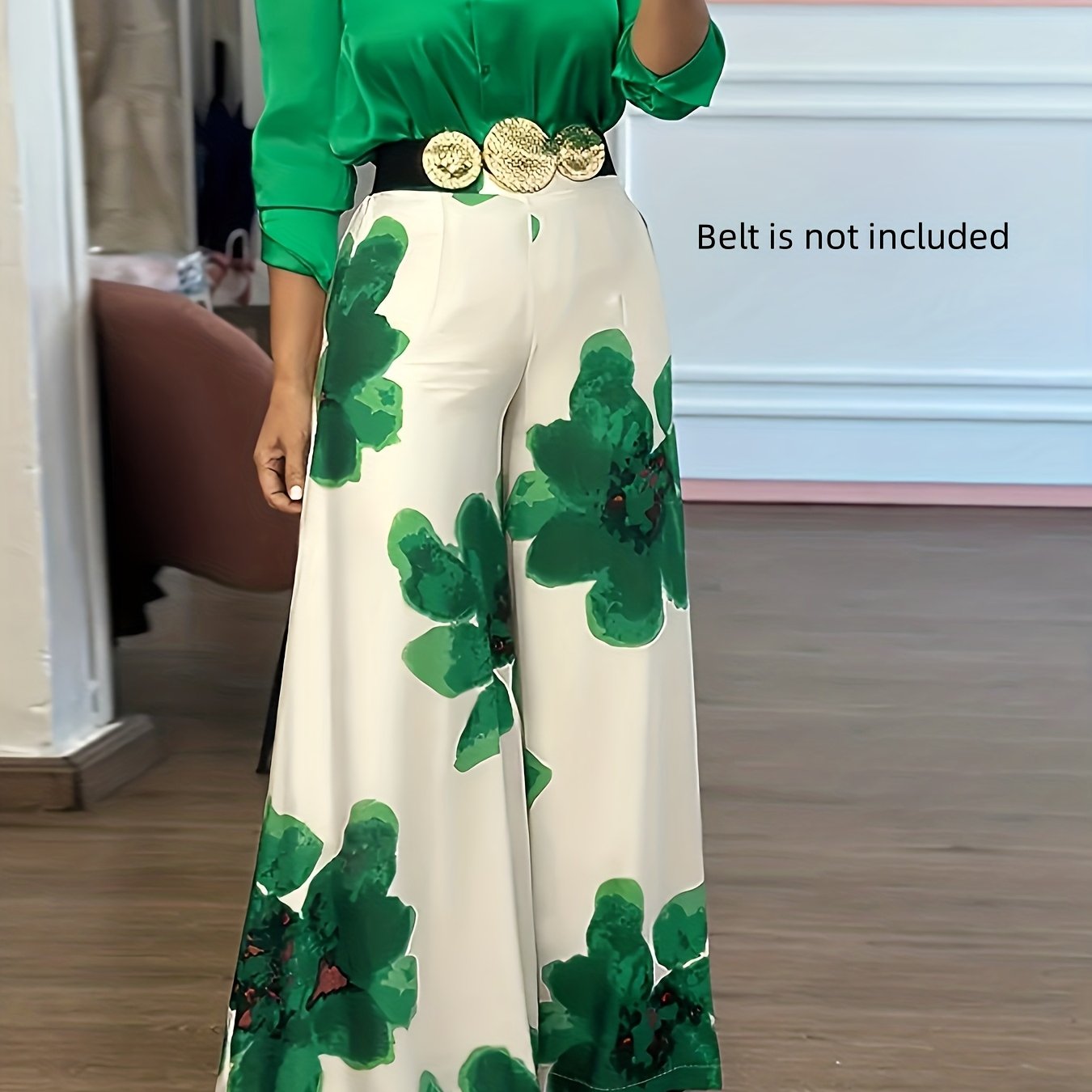 Ensemble deux pièces : chemise à manches longues et pantalon large à imprimé floral décontracté, ceinture non incluse