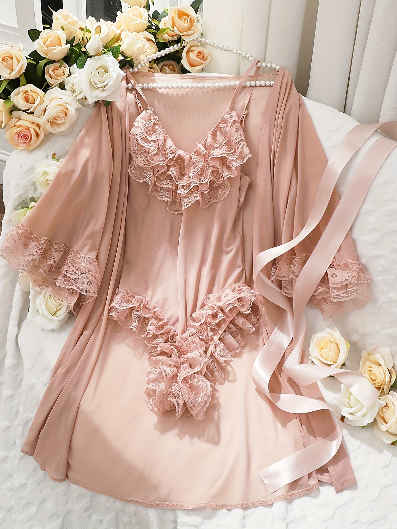 Ensemble de lingerie en dentelle contrastée unie, body et peignoir à col en V - Topdecheztop.fr