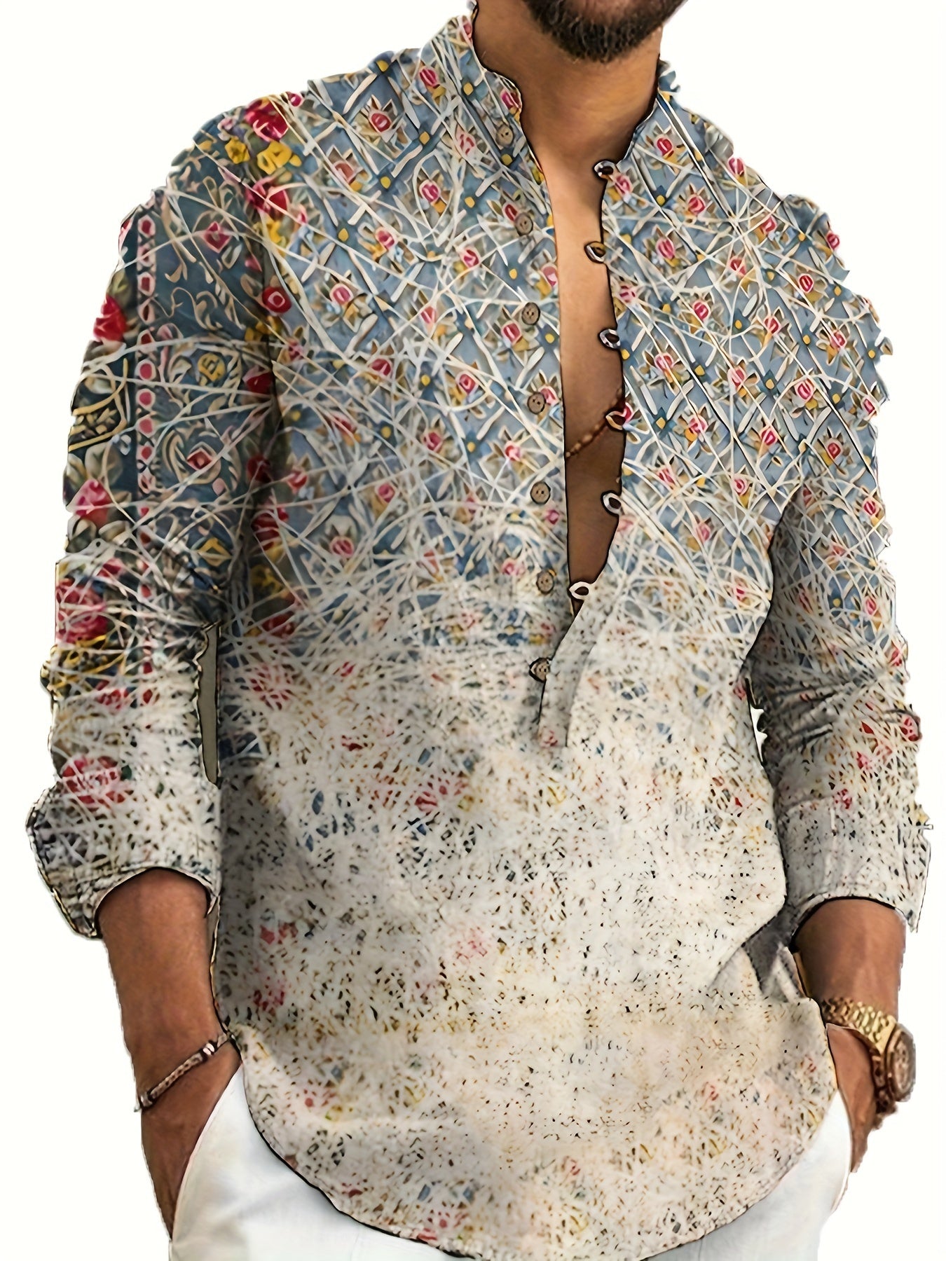 Chemise Henley décontractée à manches longues et boutons pour homme