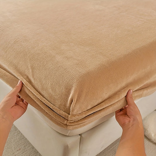 1pc Thickened Velvet Fitted Sheet For All Season, Soft Skin-friendly Warm Autumn And Winter Bedding Solid Color Mattress Protector, For Bedroom, Guest Room, With Deep Pocket, Fitted Bed Sheet Only - Topdecheztop.fr