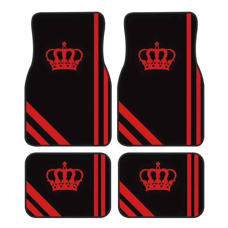 4pcs Crown Element Red and Black Simple Style Car Floor Mats - Front and Rear Seat Protectors, Easy to Clean, Suitable for All Models