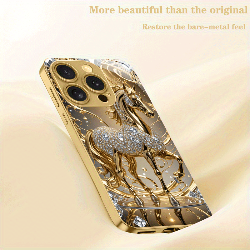 Coque de téléphone de luxe premium en verre avec motif cheval doré - Topdecheztop.fr