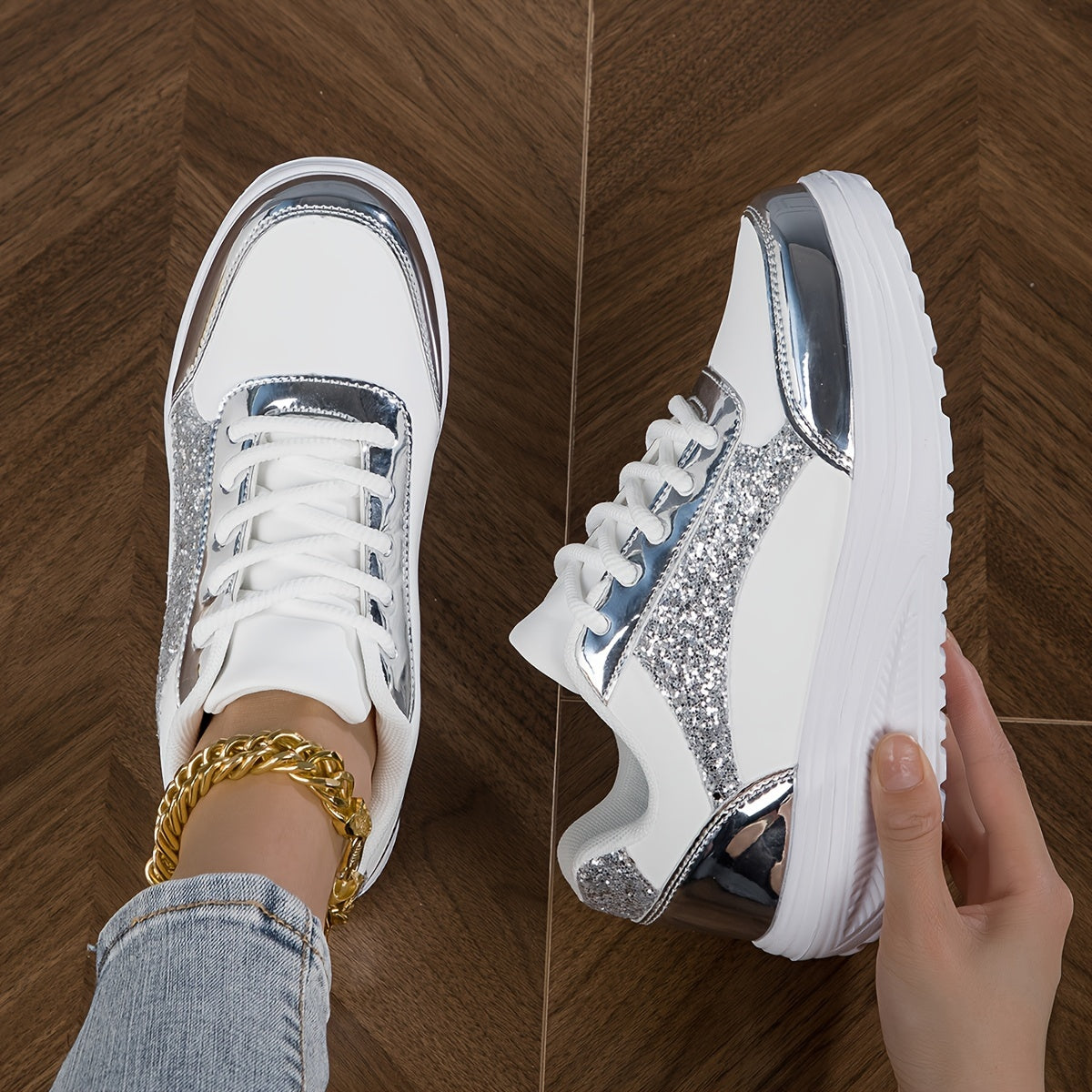 Chaussures à paillettes pour femmes, baskets basses à plateforme tendance - Topdecheztop.fr